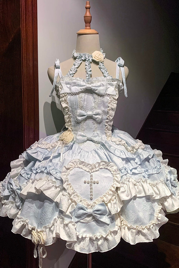 Blue [Heart of Butterfly] Halterneck Sleeveless Multi-Layered Ruffle Embroidery Princess Ballet Lolita Jsk Dress Set - Product - 2