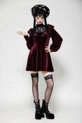 Red Long Sleeves Crochet Velvet Dress Women's Gothic Graduation Dress - Product - 2