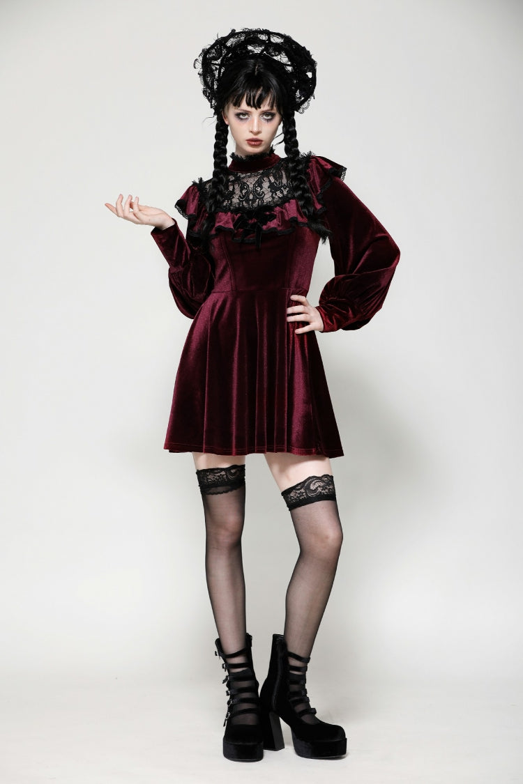 Red Long Sleeves Crochet Velvet Dress Women's Gothic Graduation Dress - Product - 2
