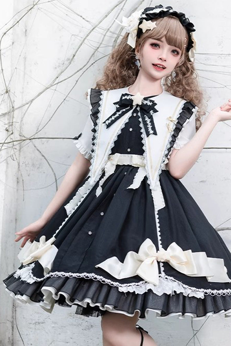 Black Sleeping Star Short Sleeves Ruffle Bowknot Lace Stitching Sweet Lolita Dress - Product - 6