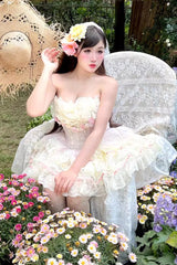 Pink Flower Goddess of Love Ruffle Bowknot Lace Sweet Elegant Lolita Skirt Dress Set - Product - 6