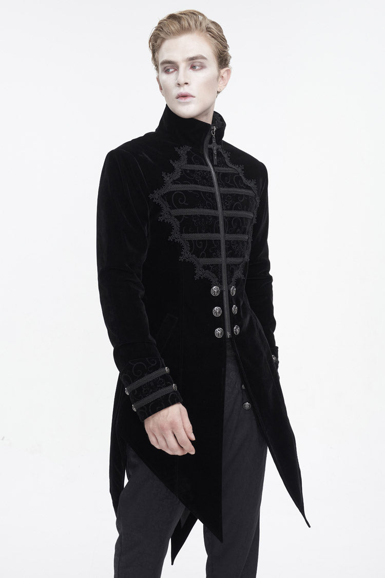 Black Stand Collar Lace Splice Swallow Tailed Men's Gothic Coat - Product - 3