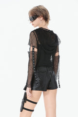 Black Low Waisted Eyelet Women's Punk Shorts with Asymmetric Pleated Belt - Product - 4