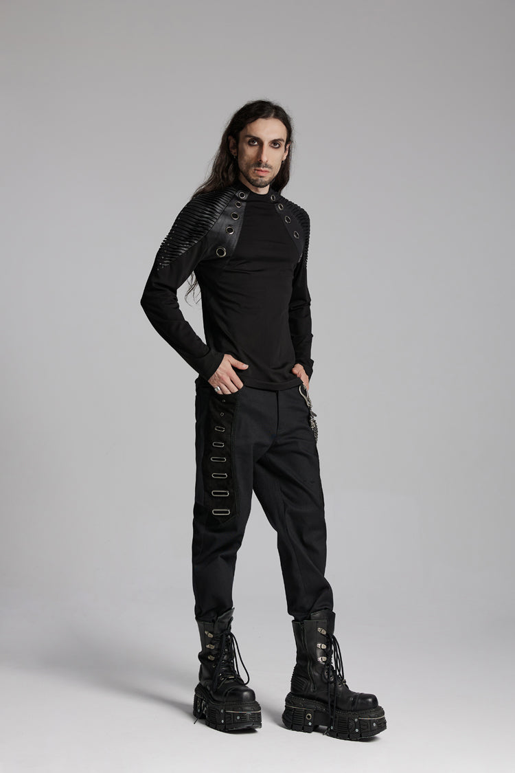 Black Round Collar Long Sleeves Mesh Pleated Loop Men's Punk Blouse - Product - 6