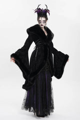 Black Long Sleeves Floral Embroidery Women's Gothic Fluffy Coat - Product - 3