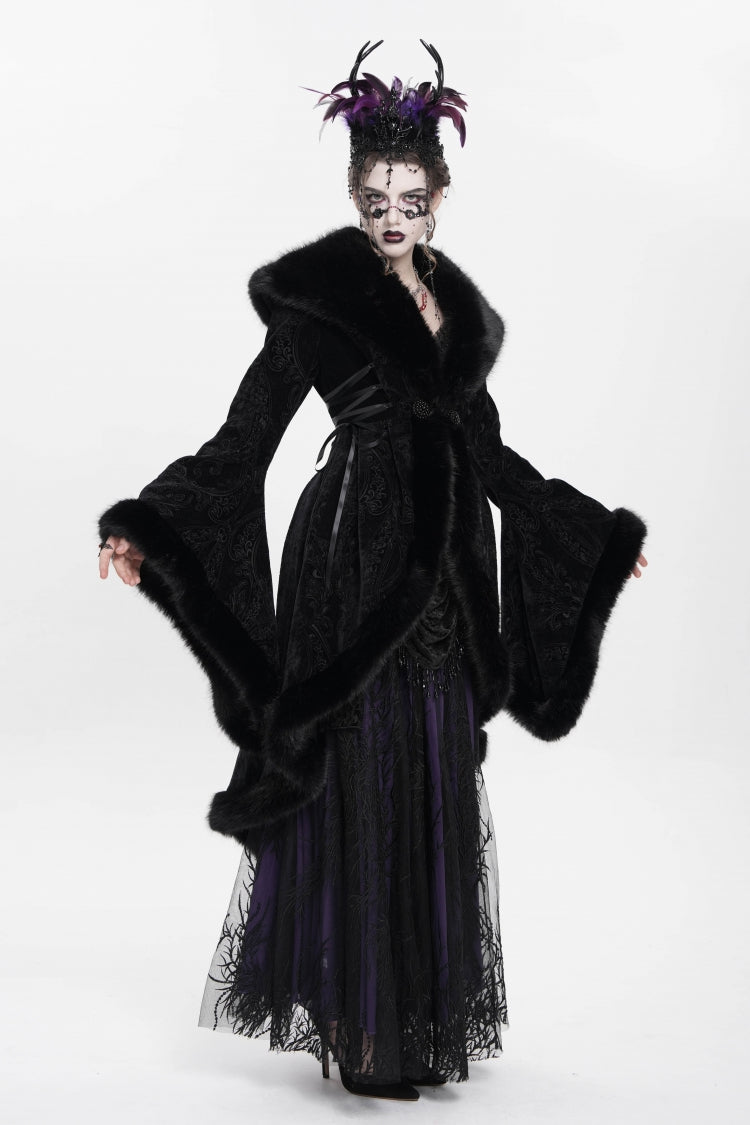 Black Long Sleeves Floral Embroidery Women's Gothic Fluffy Coat - Product - 3