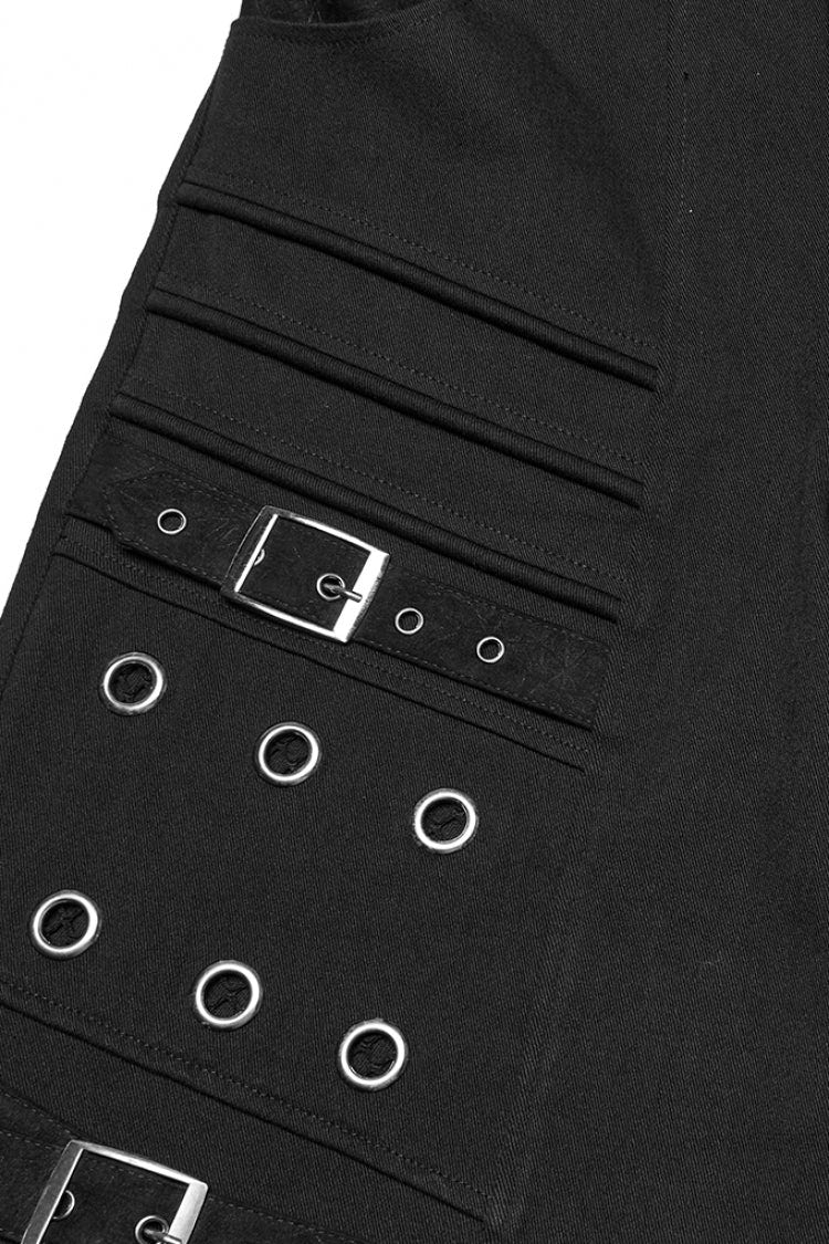Black Eyelet Ripped Men's Punk Straight Pants - Product - 5