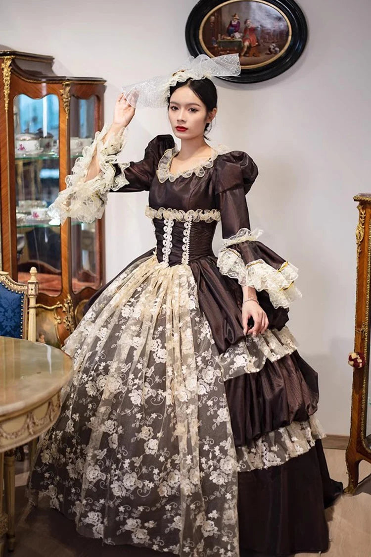 Brown Dark Pattern Print Medieval Court Gothic Victorian Lolita Long Dress - Product - 4