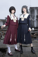 Japanese College Style Ruffle Bowknot Sweet Princess Lolita Skirt Set 2 Colors - Blue - 1