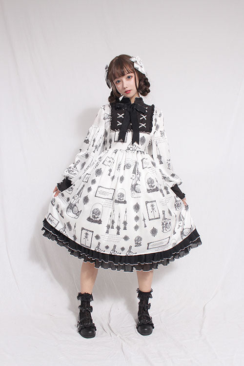 White Christian Pious Duck Print Long Sleeves Bowknot Sweet Lolita OP Dress - Product - 2