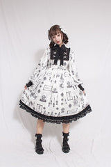 White Christian Pious Duck Print Long Sleeves Bowknot Sweet Lolita OP Dress - Product - 2