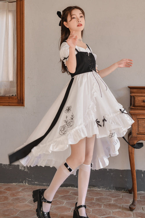 White Square Collar Short Sleeves Floral Embroidery High Waisted Cardigan Sweet Lolita OP Dress - Product - 2