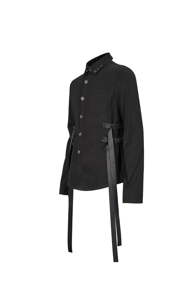 Black Nylon Strap Metal Buckle Decoration Long Sleeve Elasticity Men's Punk Shirt - Product - 8