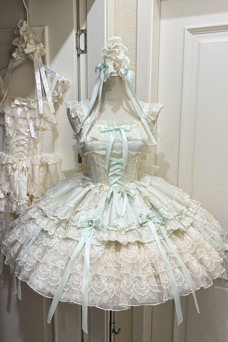 Green [Ribbon Heart Love] Sleeveless Multi-Layered Ruffle Bowknot Lace Lace-Up Sweet Princess Ballet Lolita Jsk Dress - Green - 1