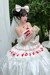 White [True Love Strawberry] Print Off Shoulder Sleeveless Ruffle Bowknot Lace Sweet Princess Lolita Dress Set - Product - 8