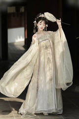 Beige Long Sleeves Embroidery Pearl Chain Sweet Tang-style Hanfu Hezi Dress Set - Product - 3