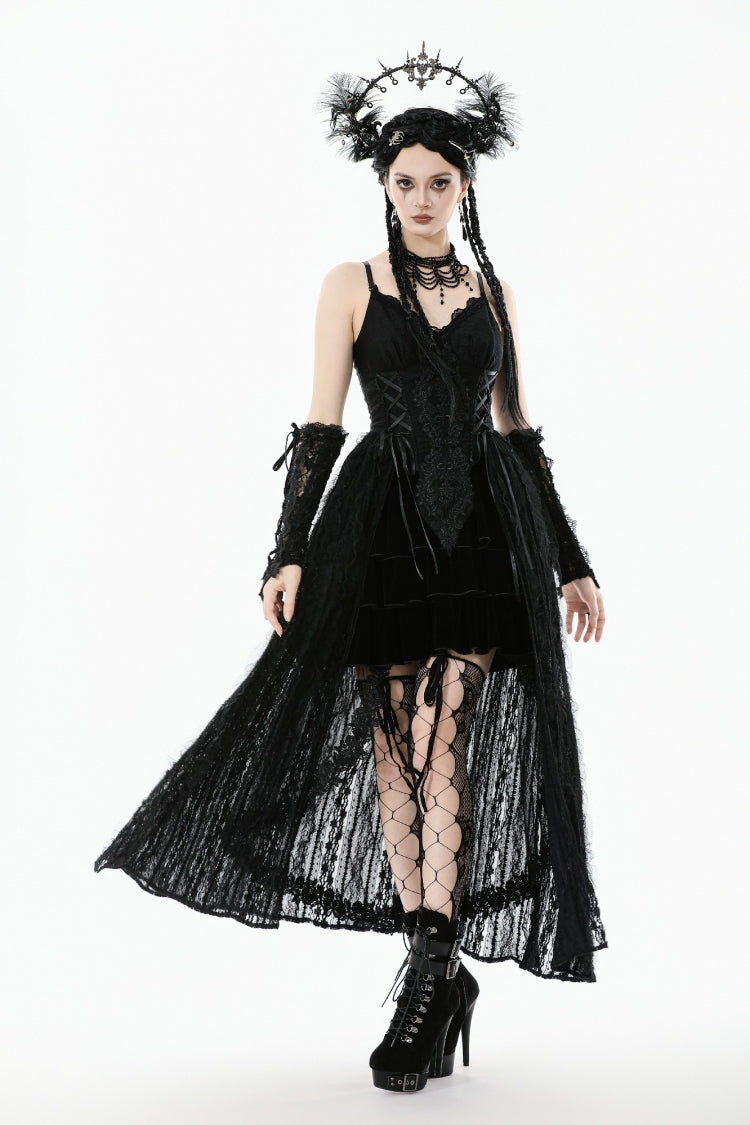 Black Sleeveless Floral Embroidered Lace Lace-Up Women's Gothic Slip Dress Wedding Dress - Product - 8