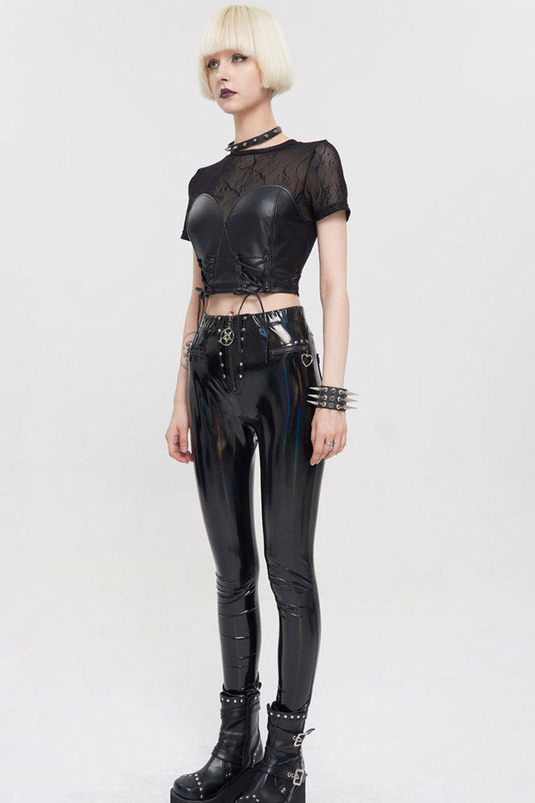 Black Punk Short Sleeve Mesh-Paneled Matte Leather Crew Neck Women's T-Shirt - Product - 8
