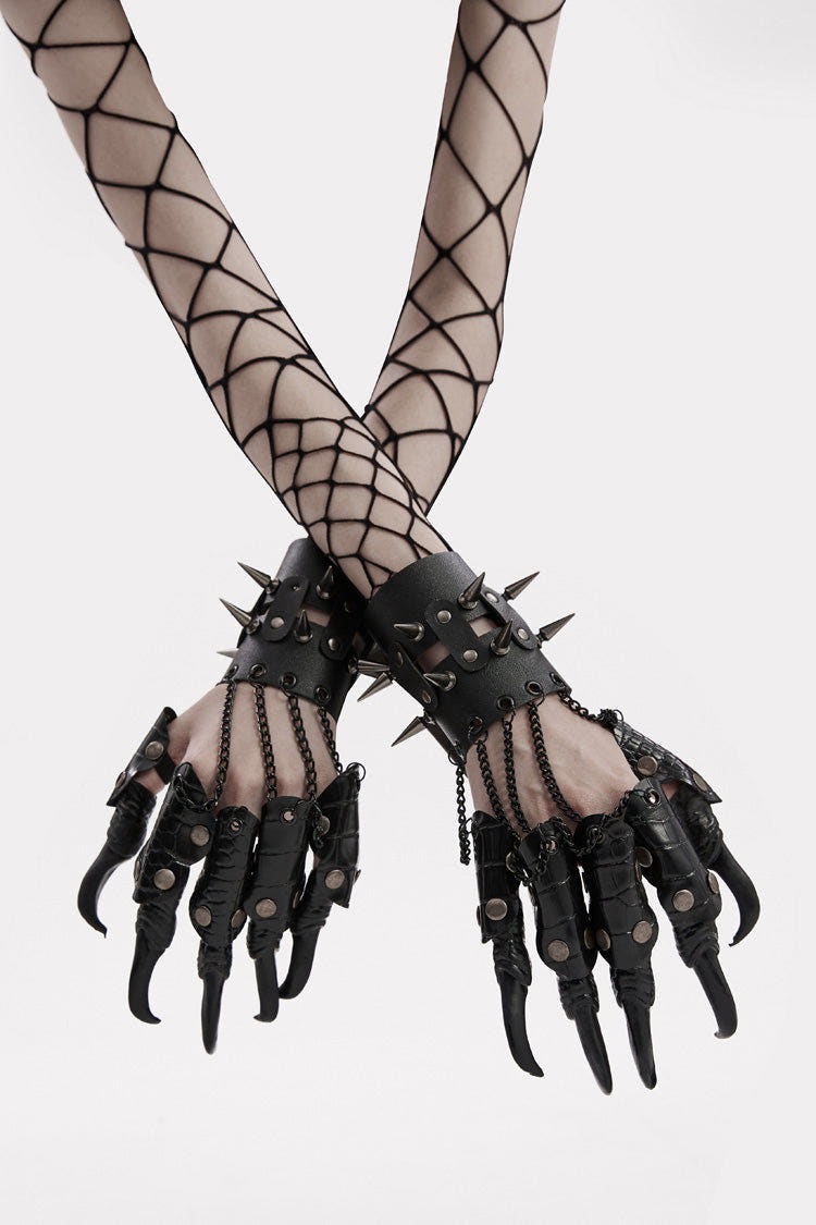 Black Faux Leather Stitching Dragon Claw Finger Women's Steampunk Gloves - Black - 1