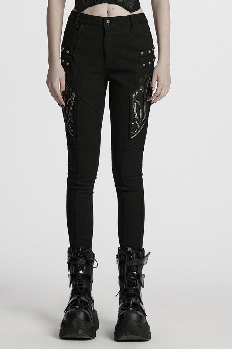 Black Studded Pleated Women's Punk Leggings - Black - 1