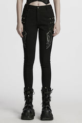 Black Studded Pleated Women's Punk Leggings - Black - 1
