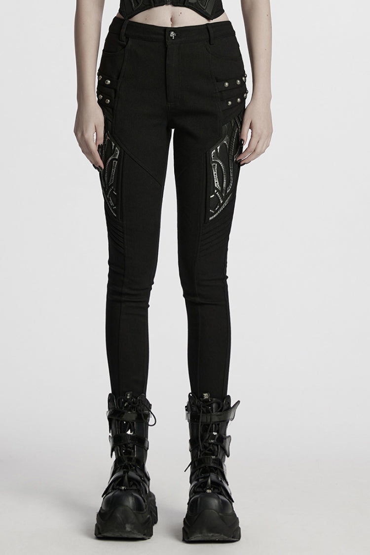 Black Studded Pleated Women's Punk Leggings - Black - 1