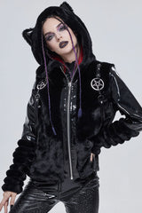 Black Punk Cuff Pleated Design Metal Five-Pointed Star Shape Belt Decoration Cat Ear Women's Coat - Product - 10