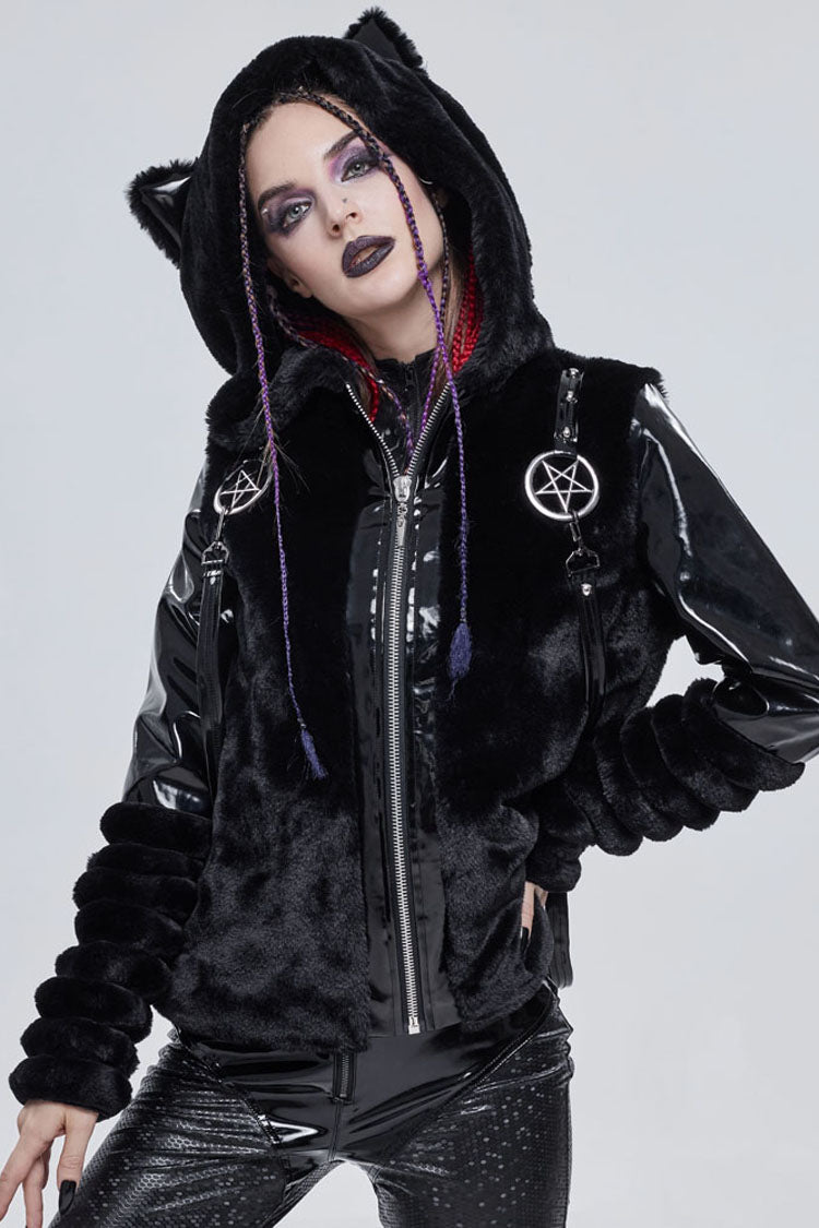 Black Punk Cuff Pleated Design Metal Five-Pointed Star Shape Belt Decoration Cat Ear Women's Coat - Product - 10