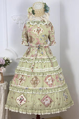 Green [Cat Rose Tea] Short Sleeves Print Ruffle Cardigan Bowknot Sweet Gorgeous Lolita Dress - Product - 16