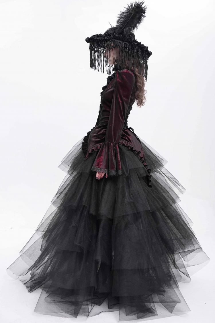 Red Stand Collar Long Trumpet Sleeves Ruffle Swallow-tailed Women's Gothic Blouse - Product - 5