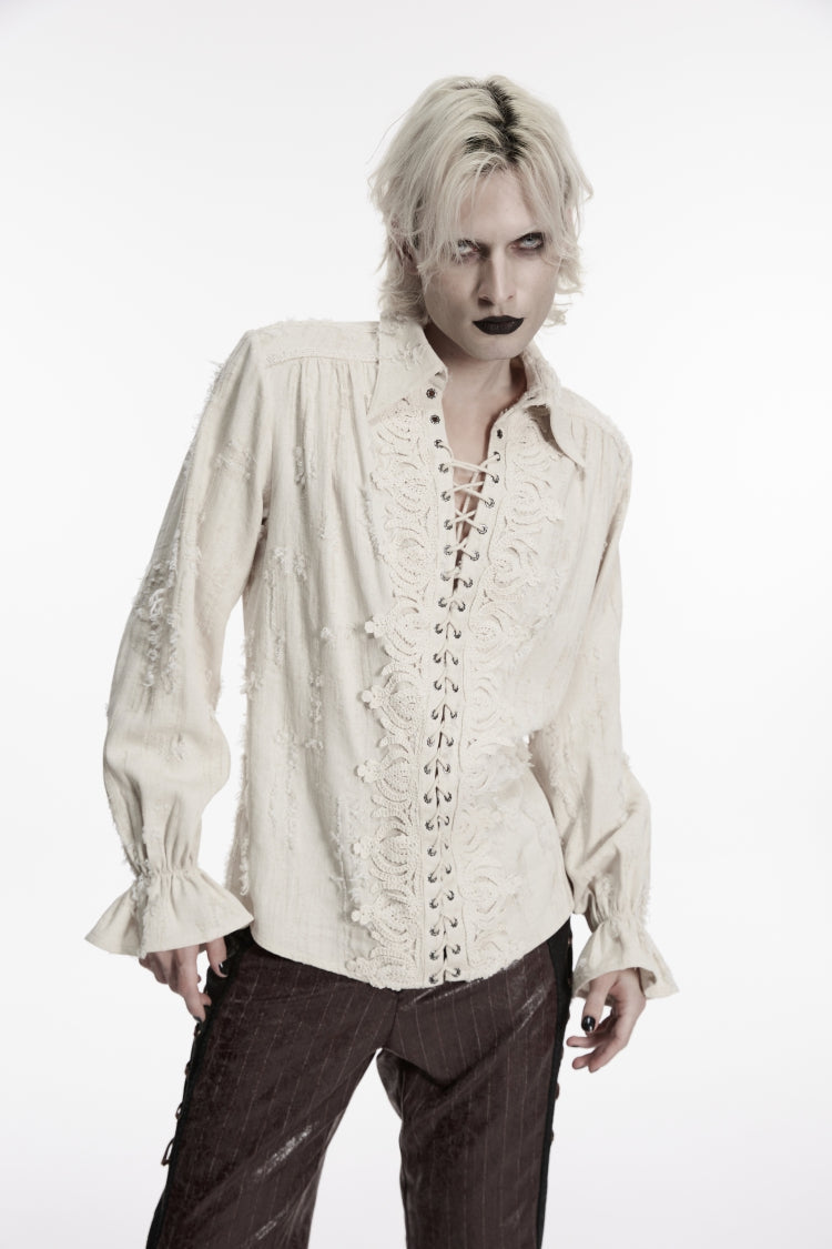 White Lapel Collar Long Sleeves Lace-Up Men's Gothic Shirt - Product - 7