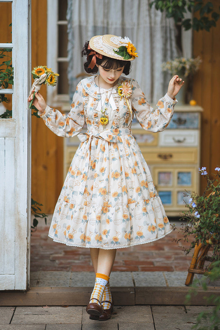 Apricot [Gardening Sunflower] Long Sleeves Print Ruffle Bowknot Sweet Elegant Lolita Dress - Apricot - 1