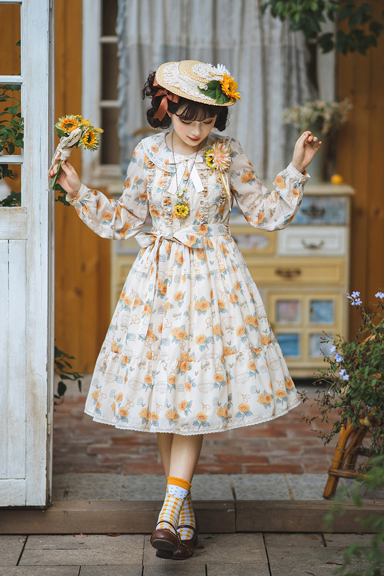 Apricot [Gardening Sunflower] Long Sleeves Print Ruffle Bowknot Sweet Elegant Lolita Dress - Apricot - 1
