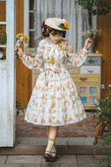 Apricot [Gardening Sunflower] Long Sleeves Print Ruffle Bowknot Sweet Elegant Lolita Dress - Apricot - 1
