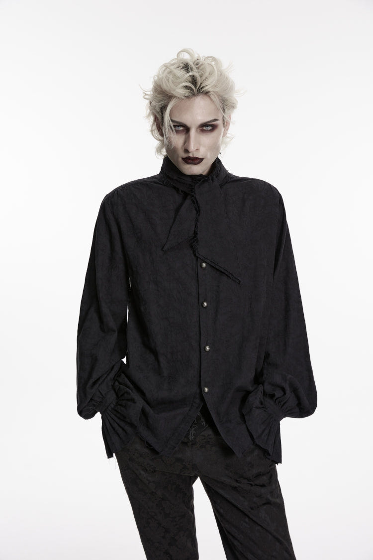 Black Stand Collar Long Puff Sleeves Jacquard Detachable Tie Men's Gorgeous Shirt - Black - 1