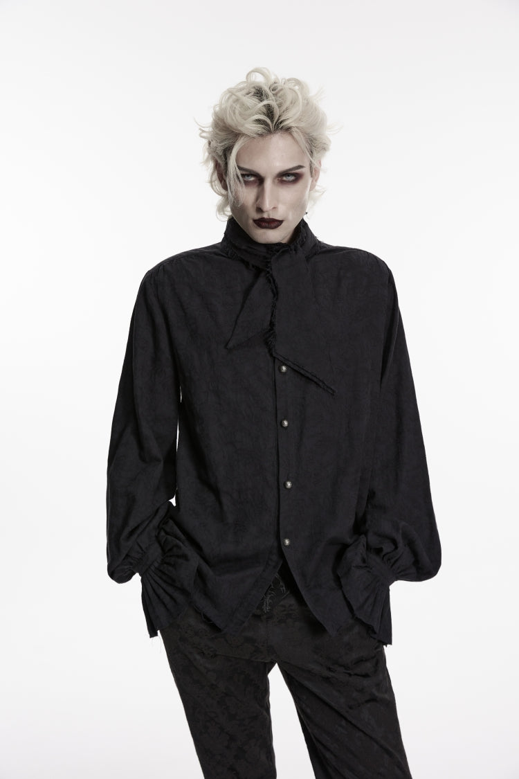 Black Stand Collar Long Puff Sleeves Jacquard Detachable Tie Men's Gorgeous Shirt - Black - 1