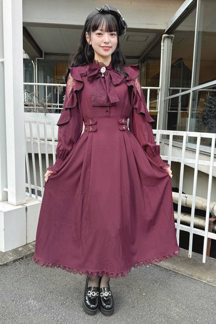 Rose Red Stand Collar Off Shoulder Long Sleeves Hollow Bowknot Slim Jirai Kei Japanese Dress - Product - 3