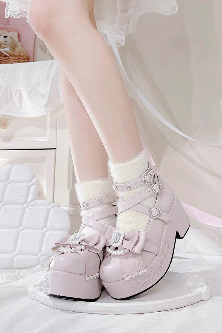 [Declaration Of First Love] Embroidery Bowknot Sweet Jirai Kei Japanese Platforms Shoes 4 Colors - Product - 3