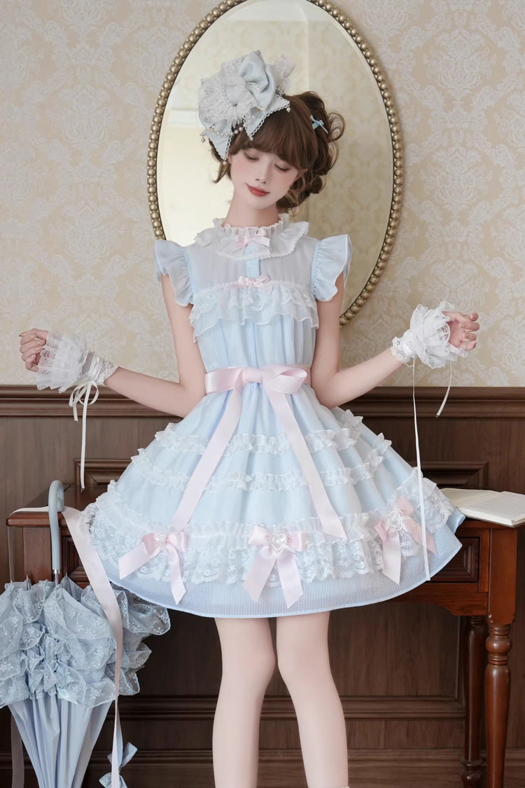 Blue [Frosted Cake] Stand Collar Sleeveless Ruffled Bow Lace Sweet Japanese Princess Lolita Tiered Dress - Blue - 1
