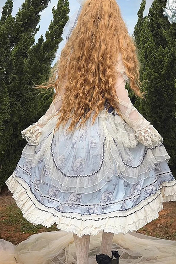 Blue [Swing Cat] Print Ruffle Bowknot Lace Sweet Elegant Lolita Jsk Dress - Product - 6