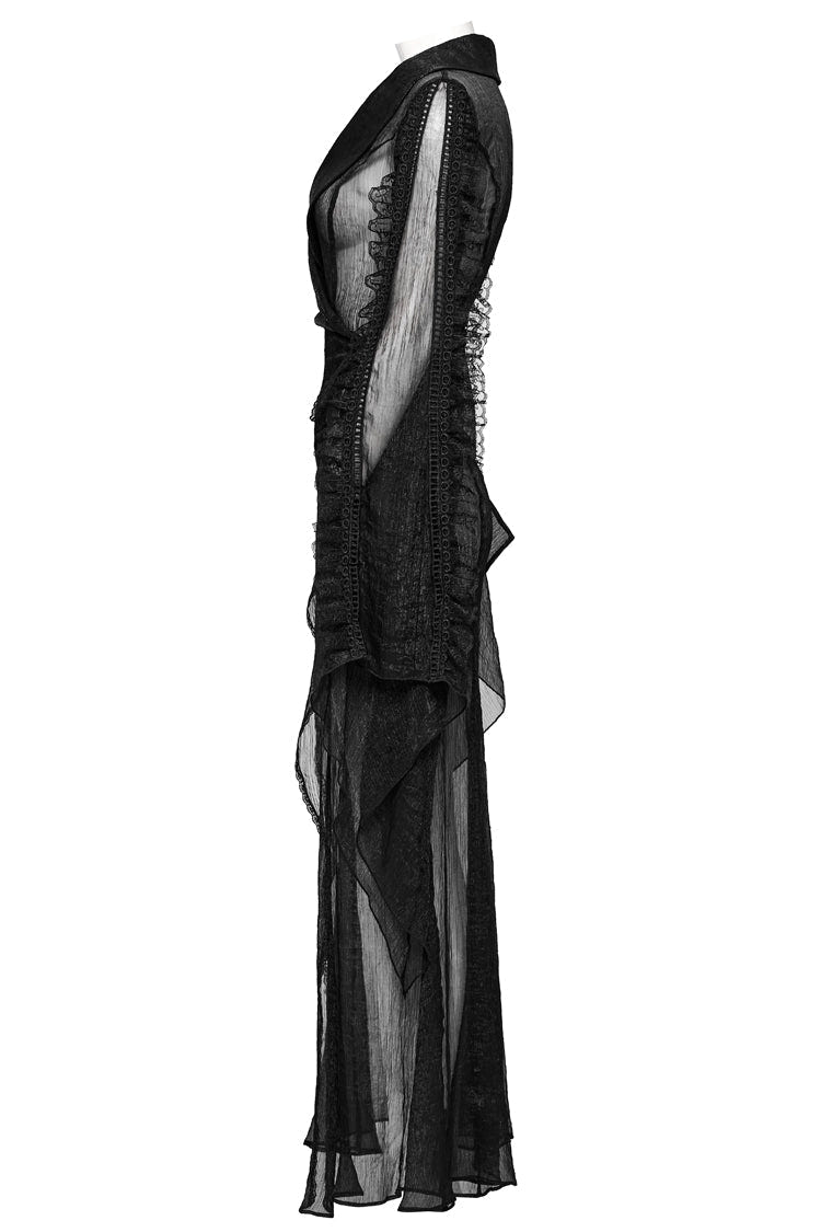Black Lapel Collar Trumpet Sleeves Lace Sheer Women's Gothic Cardigan - Product - 6