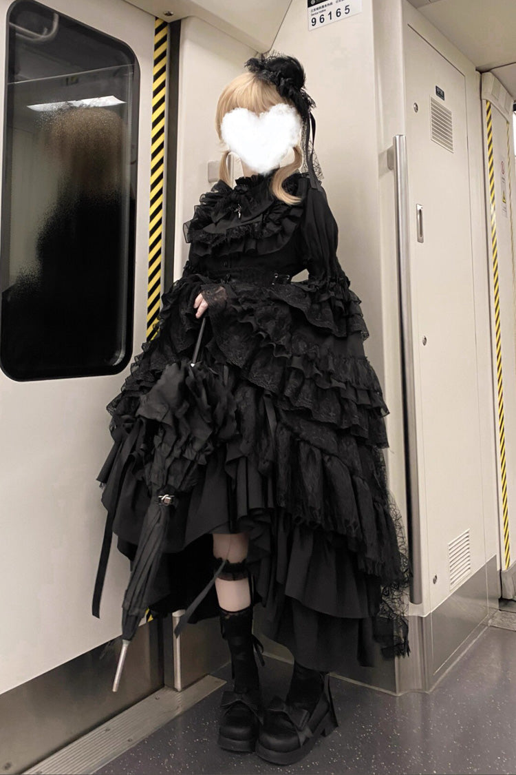Black [Eternal Taboo] Long Hime Sleeves Ruffled Bow Gothic Lolita Skirt Dress Set - Product - 6
