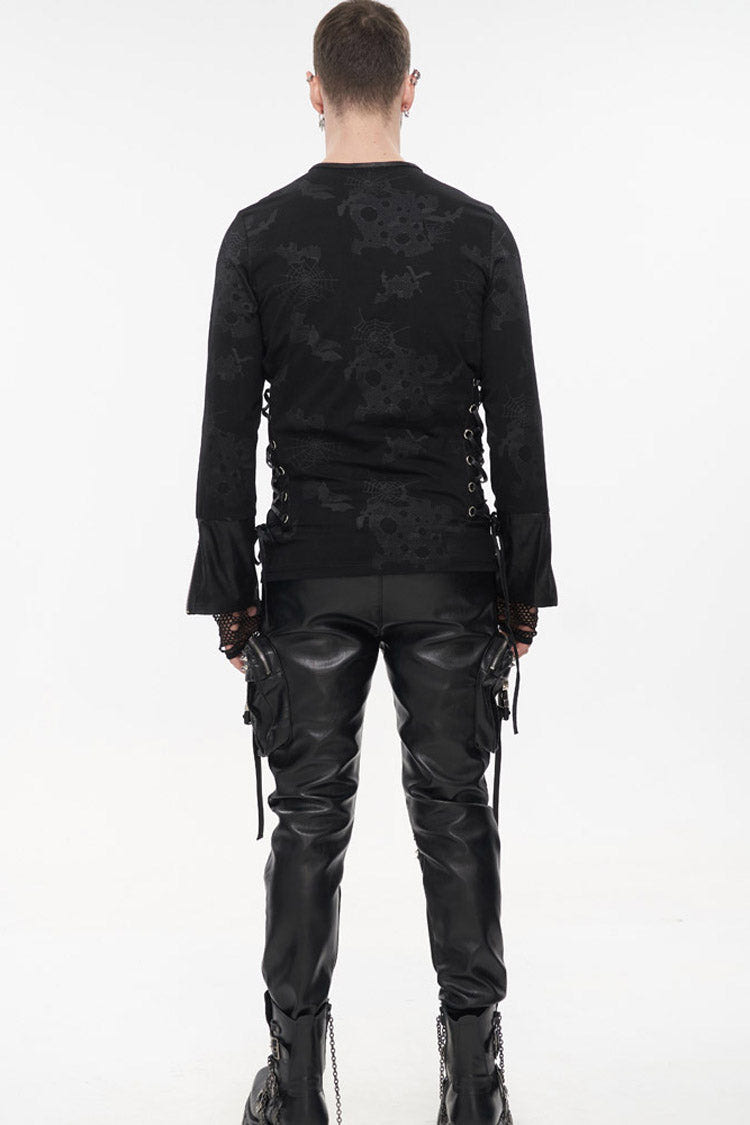Black Punk Long Sleeve Knit Broken Holes Spider Web Print Crew Neck Men's Shirt - Product - 5