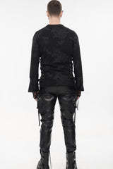 Black Punk Long Sleeve Knit Broken Holes Spider Web Print Crew Neck Men's Shirt - Product - 5