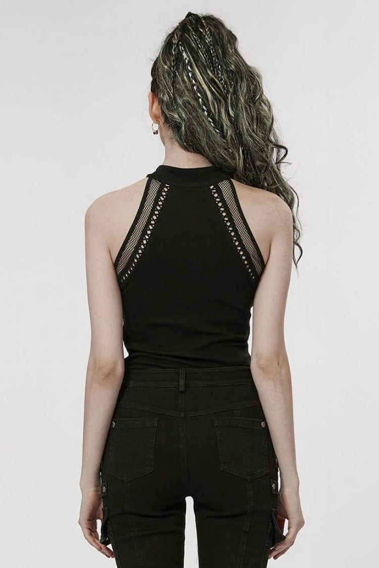Black Off Shoulder Hollow Stitching Slim Mesh Womens Steampunk Vest - Product - 3