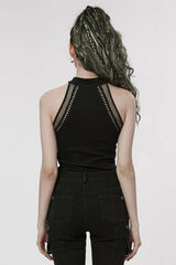 Black Off Shoulder Hollow Stitching Slim Mesh Womens Steampunk Vest - Product - 3