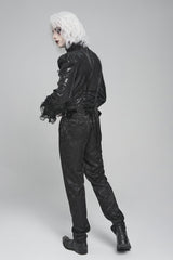 Black Stand Collar Long Puff Sleeves Embroidery Stitching Lace Men's Gothic Blouse - Product - 8