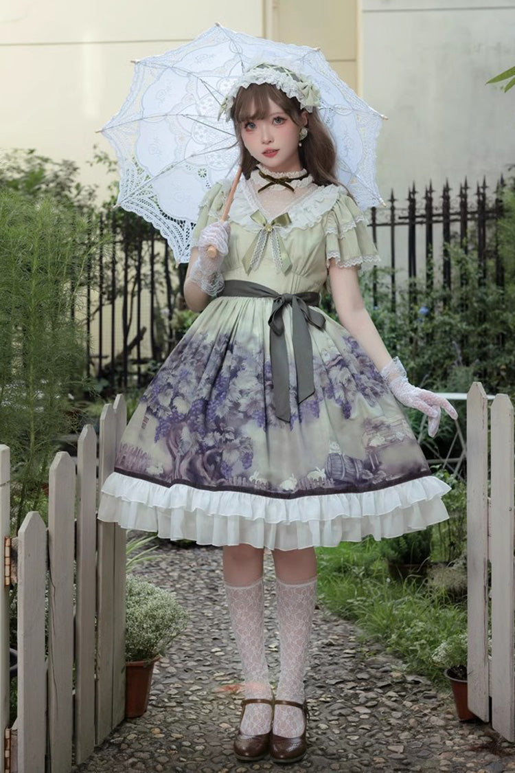 Multi-Color Short Sleeves Vineyard Print Ruffle Bowknot Sweet Princess Lolita Dress - Product - 6