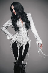 White Printed V-Neck Long Sleeve Flare Cuff Back Waist Lace-Up Irregular Lace Tassels Hem Women's Gothic Blouse - Product - 2