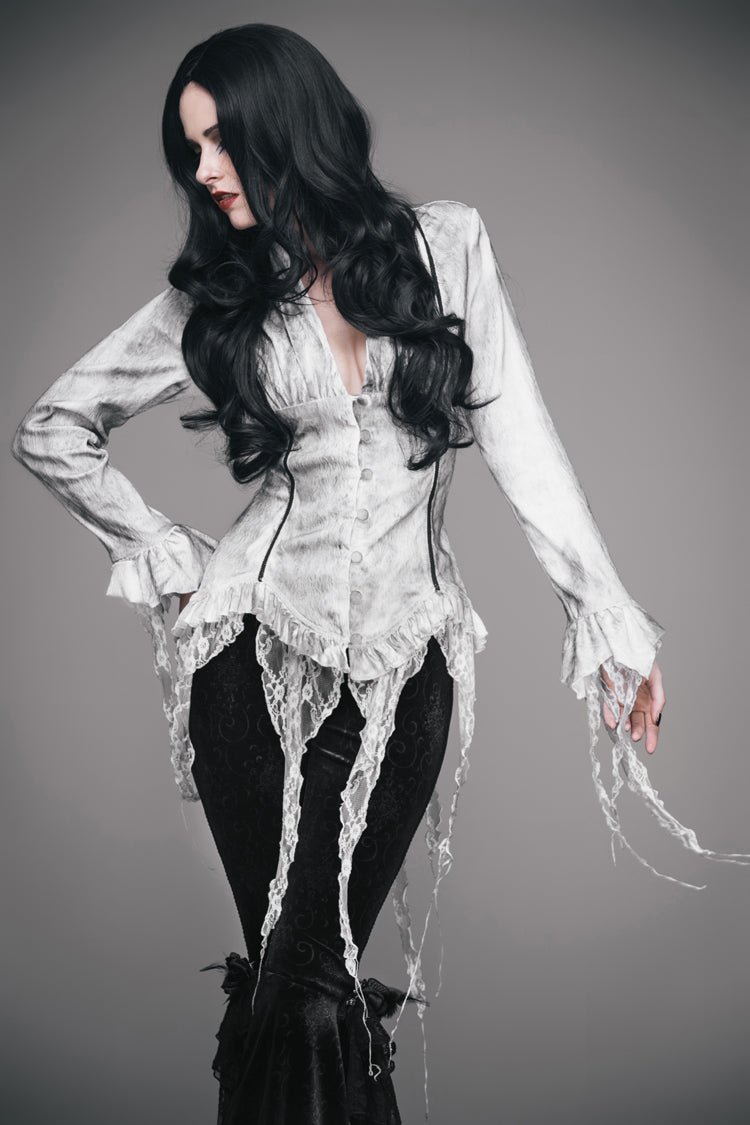 White Printed V-Neck Long Sleeve Flare Cuff Back Waist Lace-Up Irregular Lace Tassels Hem Women's Gothic Blouse - Product - 2
